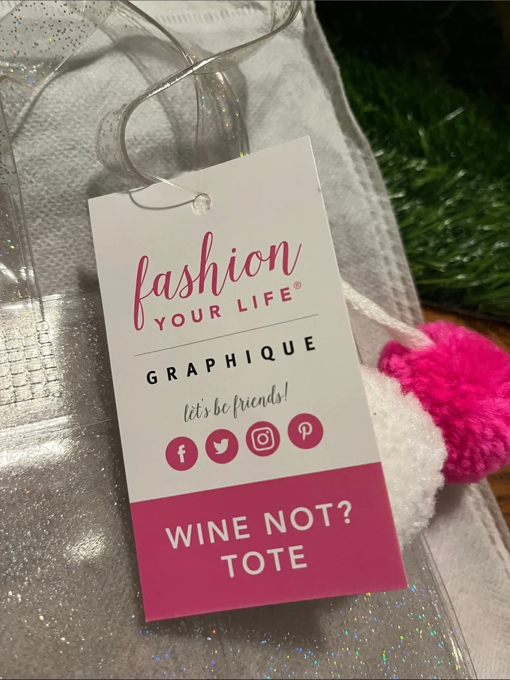 GRAPHIQUE Clear Glitter Wine Tote with Pink & White Pom Poms